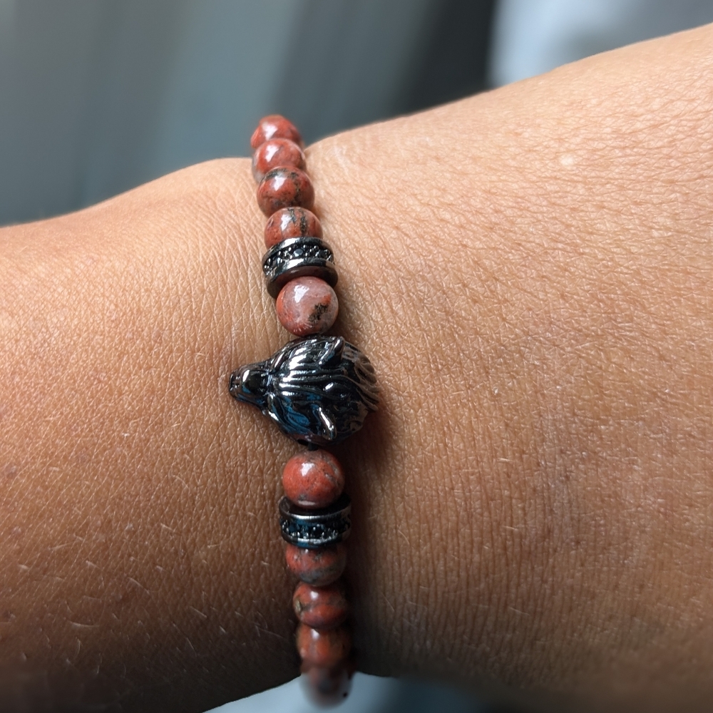 Jasper wolf charm bracelet